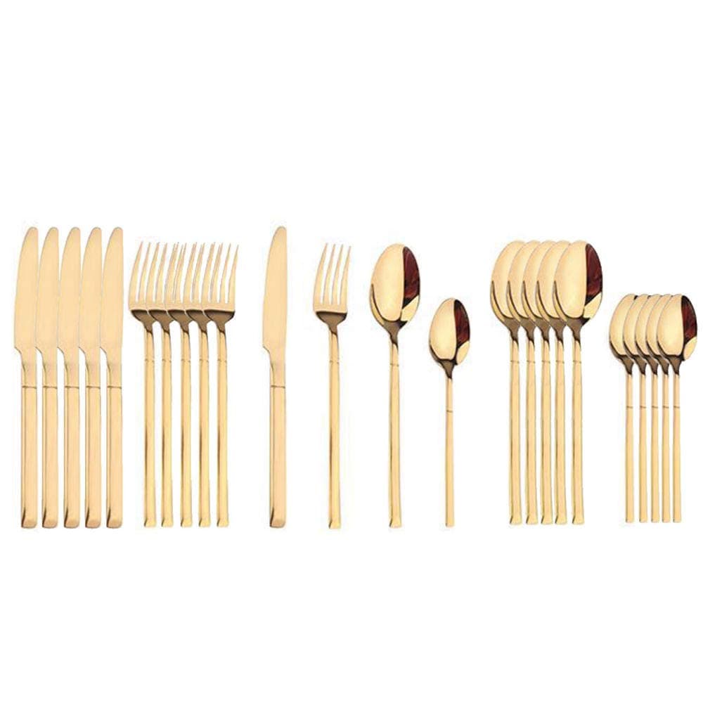 24 Pcs Black Gold Steak Cutlery Set, Silverware Dinner Set for Kitchen, Mirror Polished, Dishwasher Safe-Gold