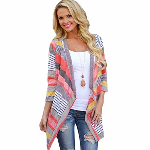 Women Multi-colored Stripes Splicing Sleeve Cardigan Jacket