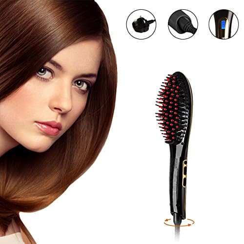 KisKis - NASV-100 PRO (75 WATT) LCD Digital Anti Static Ceramic Hair Straightener Heating Detangling Hair Brush Comb Paddle Brush For Faster Straightening Styling Massage Iron (Black)