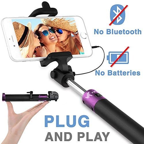 Voxkin Compatible with iPhone, Android & All Smartphones Ultra Portable Wired Selfie Stick - No Bluetooth Pairing, No Battery Charging, Premium & Sturdy - Best Pocket Sized Cable Monopod