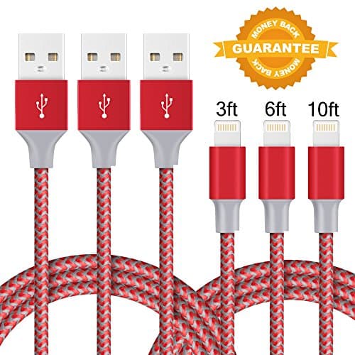iPhone Charger Cable, Areker 3 Pack 3ft 6ft 9ft iPhone Charging Cord Nylon Lightning to USB Cable for iPhone 8 Plus 8 7 Plus 6s 6 Plus SE 5s 5c iPad Mine Air IOS Device (Red)