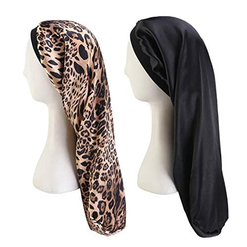 GATTORO 2 Pack Extra Large Satin Bonnet Night Cap Soft Sleeping Cap Head Cover Night Turbans Hair Loss Hat for Women (Leopard/Pure Black)