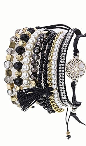 Aris Huge Stack Bohemian Beaded & Charm Stretch Bracelets Bundle: Bracelets & Bag (Tree Of Life Black)