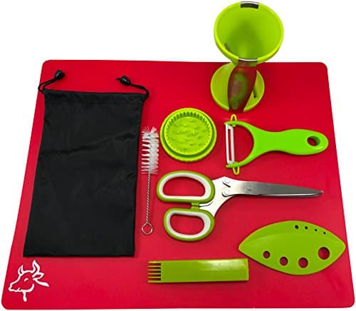 Amibo Vegetable Spiralizer Bundle, 8 Pieces ~ Peeler, Brush, Herb Scissors, Scraper, & Chopping Mat