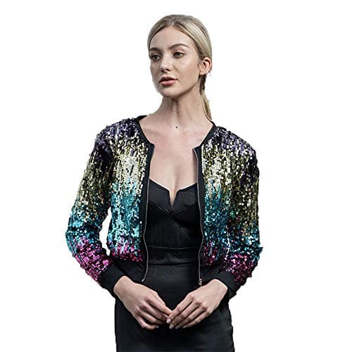 Rainbow Sparkly Sequin Loose Cover Up Long Sleeve Open Front Cardigan Coat Dress for Women's Clubwear(FBA)