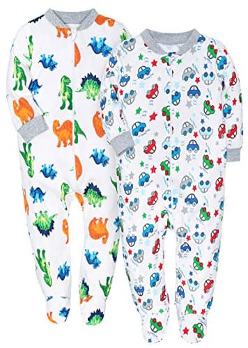 Baby 2-Pack & 2-Way Zip Front Long Sleeve Footed Sleeper Pajamas (2 Packed-Dinosaur & Toy Cars, 12-18M)