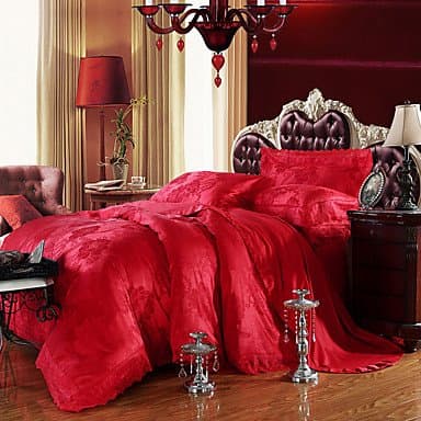 Bedding Set Red Queen King Size Luxury Silk Cotton Blend Lace Duvet Cover Sets Jacquard Pattern , queen