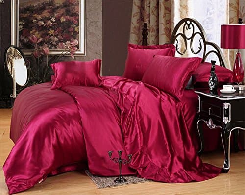 MoonLight Bedding Luxurious Ultra Soft Silky Satin 7-Piece Bed Sheet Set with Duvet Cover Set Cal-King, Burgundy