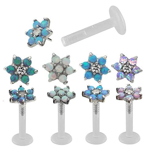 16 Gauge 5/16 Opal Flower Acrylic pin Internal Threaded Labret Cartilage Earrings (Blue Opal)