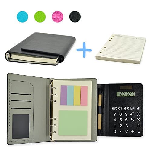 2017 PU Leather 6 Ring Executive Personal Organisers Business Multi-function Ruled Notebook With Solar Power Calculators and Card Slot 7"(7 1/4"x5 1/2"x1 1/4") + EXTRA 1 set Refills