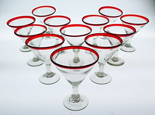 Mexican Glass Martini, Hand Blown, Red Rim 10 Oz set of 12