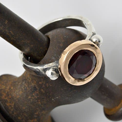 Sterling Silver and gold Garnet Engagement Ring, Round Center Ring, Two tone ring, January Birthstone, Bezel ring