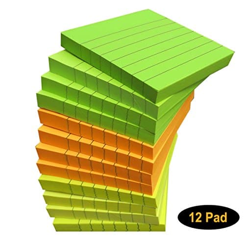 Sticky Note Pads Lined 12 Pads, 3 x 3 Inches, 100 Sheets Per Pad, 3 Bright Colors, Easy Post Notes, Individually Wrapped and Carton Packaging, Great Office Supplies