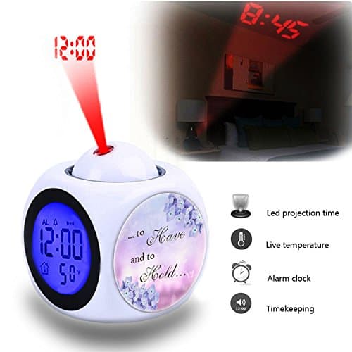 Projection Alarm Clock Wake Up Bedroom with Data and Temperature Display Talking Function, LED Wall/Ceiling Projection,Customize The pattern-550.Purple Soft Pink Text Lilac Quote Calligraphy