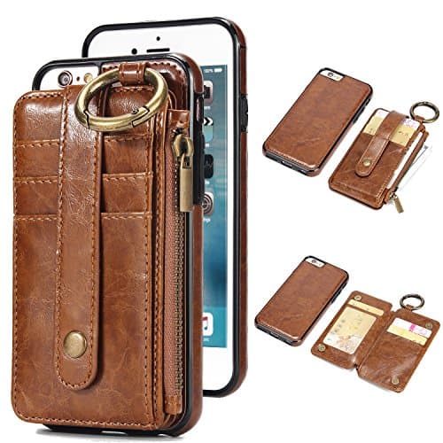 iPhone 8/7 Wallet Case with Card Holder,Wisecoco iPhone 7 Leather Case,Magnetic Detachable Slim Shockproof Car Phone Cover,Credit Card Holder Strap Slot with Zipper Pocket For Apple iphone 8/7 (Brown)