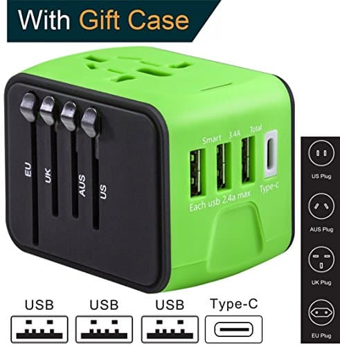 USB Type C International Power Adapter by Guez Products | USB Wall Charger for EU, UK, AUS, AUS, Asia and 150+ Countries | Travel Charger with 2.4A Smart Charge USB And 3.0A Type-C Port | Green