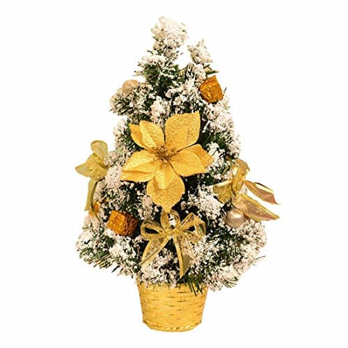 Small Artificial Christmas Tree Decorated Gife Red Berries Ornaments - 16" Tall Tabletop (Red) (Gold)