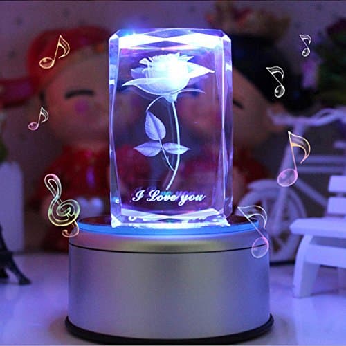 Crystal Artificial Flower Rose Musical Light, Colorful LED Light 3D Rose Laser Etched Crystal Figurines With Music Box Memory Card and Bluetooth Light Base Best Gift for Valentine's Day