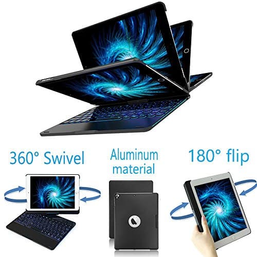 iPad Keyboard Case for ipad 2017/iPad 2018 (6th Gen, 9.7")/Air 1/Air 2/ipad 9.7/Pro 9.7, 360°Rotating Aluminum Back Cover with 7 Colors Backlit,Auto Wake/Sleep Feature(Black)