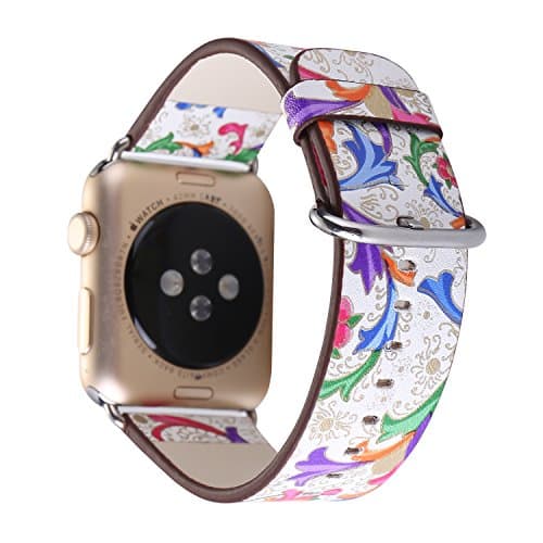 Flower Prints PU Leather Wrist Watch Band Strap for Apple Watch 38mm Series 1 and Series 2 Bracelet Replacement. (White Blue)