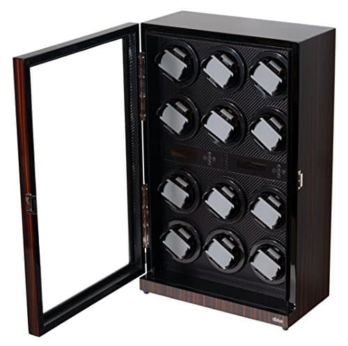 Watch Winder Ebony Wood W/LCD Display For Automatic Watches. (Ebony/Carbon Fiber W12)