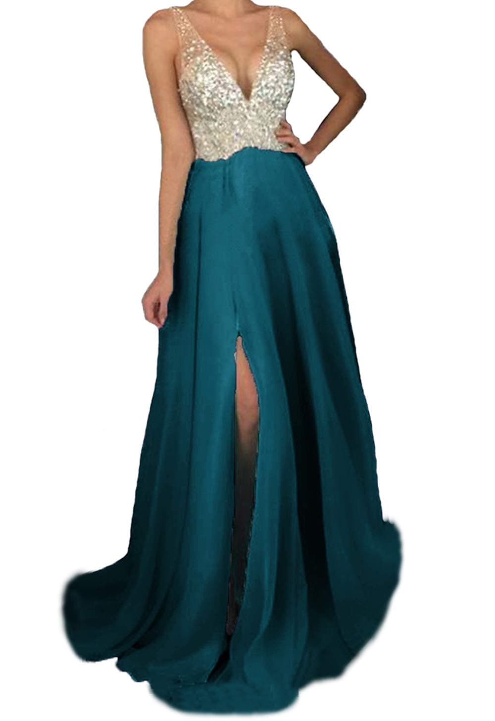 Women's Deep V Neck Beaded Chiffon Prom Dresses Slit Long Backless Sexy Party Evening Gown Hear051