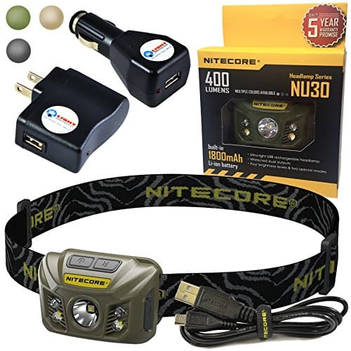 Nitecore NU30 USB Rechargeable LED Headlamp with LightJunction USB Car and Wall Plugs (Army Green)