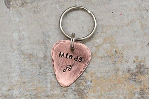 Personalized oxidized antique copper guitar pick key chain with name and designer stamp embellishment