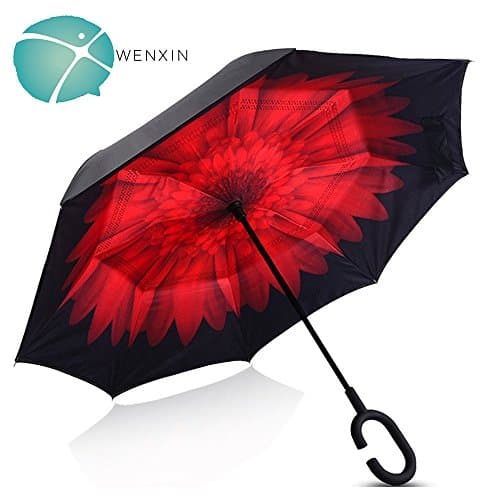 Double Layer Inverted Umbrella, Cars Reverse Umbrella, C - Shaped Hands Free Handle, Windproof Uv protection Umbrella, Self Standing, takes up less space (Carmine)