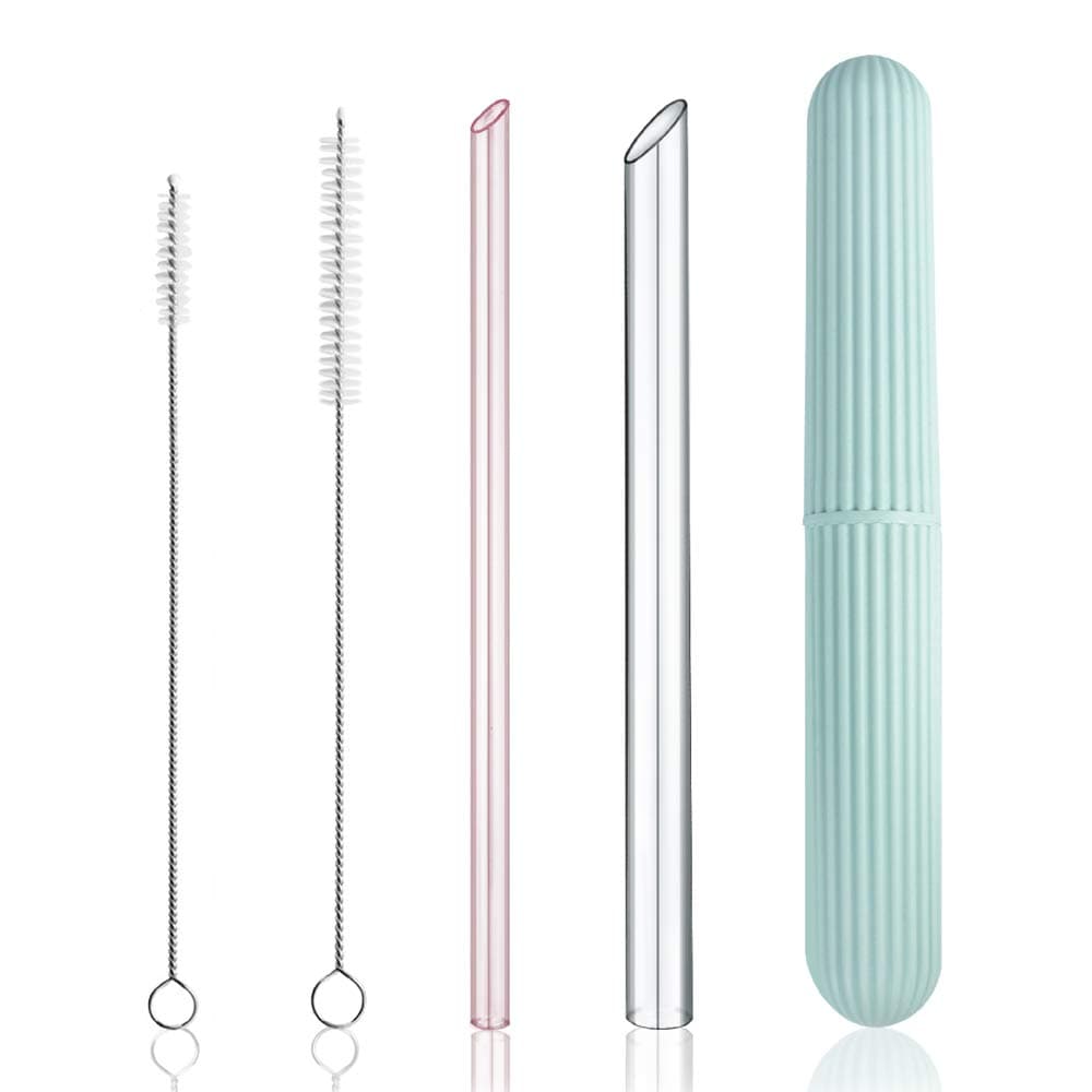 Reusable Eco-Friendly Glass Drinking Straws Set, 20cm x 8mm and 14mm with S/M Extra Large Size Brushes and Storage Container Travel Safe Case Box BPA Free for Smoothie Coffee Bubble Boba Tea (Pink)
