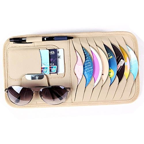 Car Sun Visor Sunshade CD DVD VCD Disc Sleeve Wallet PU Leather Storage Case Holder with Glasses and Cards Organizer Clips Beige Color