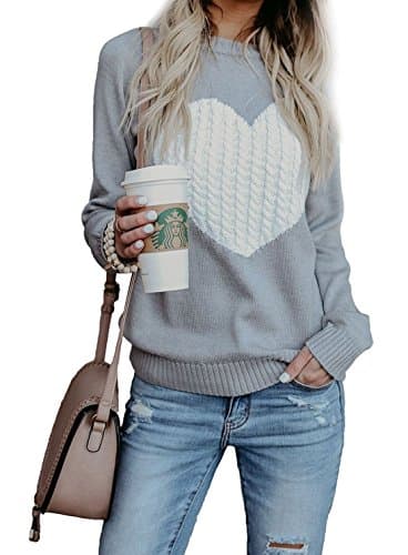 Womens Casual Cable Knitted Crewneck Heart Love Pullover Sweater (Grey, L)