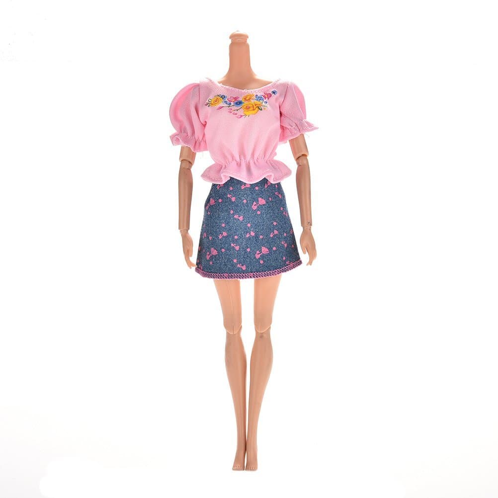 Lsmaa 2 Pcs/Set Pink T Shirt and Blue Denim Skirt for Barbie Dolls