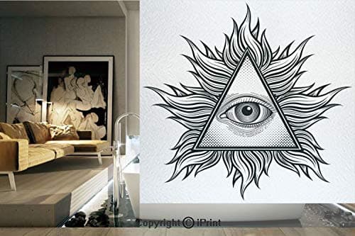 Decorative Privacy Window Film/Triangle Shape with Wavy Figures and All Seeing Eye Tattoo Style Spiritual Masonic Decorative/No-Glue Self Static Cling for Home Bedroom Bathroom Kitchen Office Decor Bl
