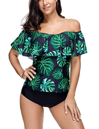 Memory baby Women's Swimsuit Two Piece Leaf Printed Off Shoulder Flounce Bathing Suit