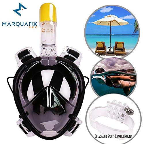 Marquatix Pro Full Face Snorkel Mask for GoPro Panoramic Design. 180 Degree View Anti-Fog Anti-Leak Tubeless Technology Prevents Gag Reflex with Built-in Ear Plugs (Black, L/XL)