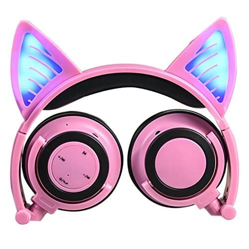 GOGOING Cat Ear Headphones, Bluetooth Headset with LED Flash Wireless / Wired Mode, Foldable Soft Over-Ear Built-in Mic Earphone fit iphone , Android Mobile Phone ,iPad,Laptops Ect(Pink)