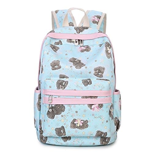 Cartoon Teddy Bear Print Canvas School Bag Back to School Backpack Shoulder Bag for Girls (blue)