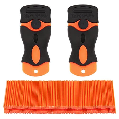 WarmCare 100pcs Double Edged Plastic Razor Scraper Blades with 2 Pc Scraper Removal for Auto Window Tint Vinyl Tool Application