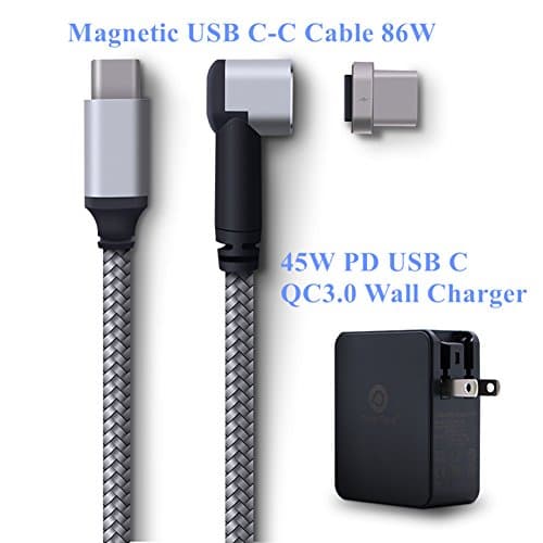 Power Trend Fast Charging Right Angled L Side 86W 4.3A Reversible Magnetic USB Type C to USB C Cable 2M 6.6FT Nylon Braided Cord for MacBook Pro/Chromebook Pixel USB-C Notebooks (Gray+Charger)