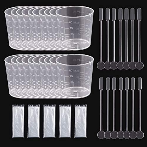 60ml Plastic Graduated Cups Transparent Scale Cups with 10 Pack Plastic Stirring Sticks+ 20 Packs 2 Oz Plastic Cups + 5 Pairs Disposable Gloves for Mixing Paint, Stain, Epoxy, Resin(Size 2 Ounce)