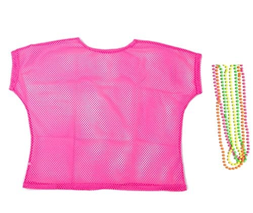BFD One Ladies Neon '80s Mesh Fishnet Top Free Neon Necklaces Loose Fit Medium Large and XL In Pink Orange Yellow Blue Purple and Black. Wash In Cold Water. 1980s Rave T Shirt Punk Rock