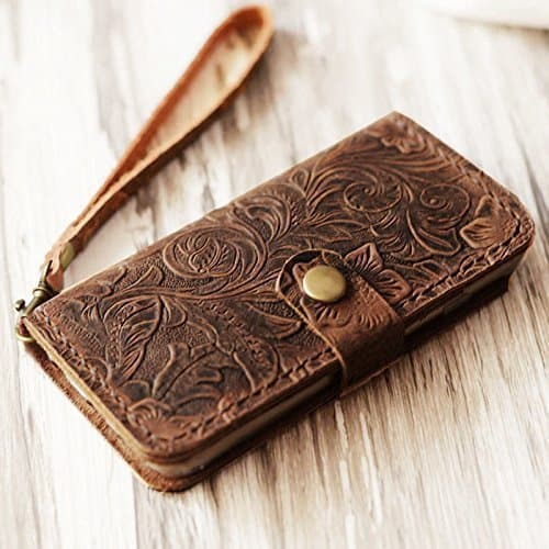 Genuine Italian Leather Case for Iphone 6 PLUS / iPhone 6s PLUS Leather Wallet Case Handmade Wristlet Cover Tooled Flower Brown