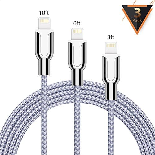 oduey iPhone charger, 3Pack 3FT 6FT 10FT Nylon Braided Cord Lightning Cable to USB Charger for iPhone X 8/8Plus 7/7 Plus/6s/6s Plus/6/6Plus/5s/5c/5, iPad/iPod Models-Silver