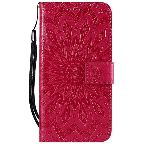 Vagenno Huawei Y9 2019 Case, Shockproof PU Leather Flip Case Cover Notebook Wallet Embossed Sun flower with Stand Card Holder Soft TPU Bumper Protective Skin Case,Rose Red