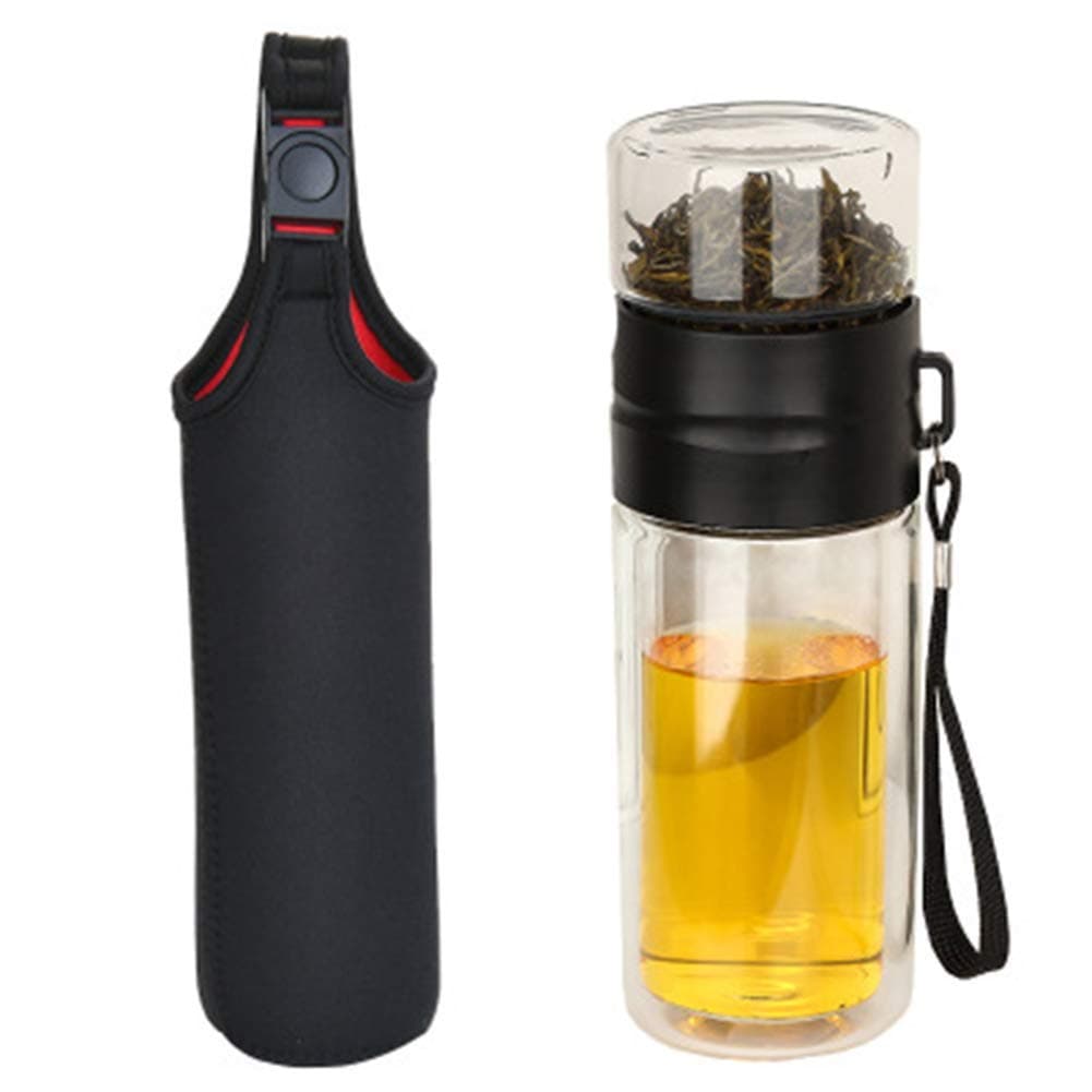 Loopunk Double Wall Glass Water Bottle Tea and Water Separation Bottle Mug Cup with Tea Infuser Home Office