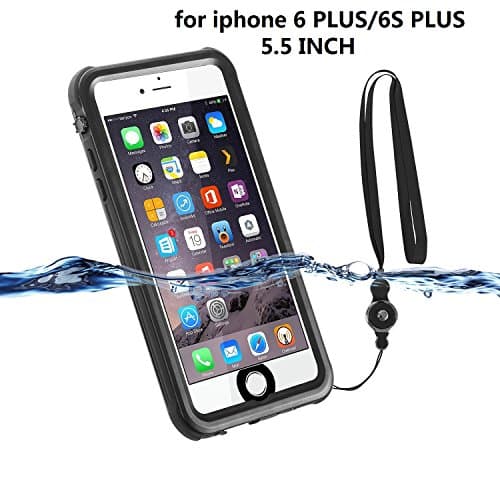 iPhone 6 plus/6s plus waterproof case ,IP68 riepor Shockproof With Neck Lanyard Touch ID SandProof Snowproof Full Body Cover for iPhone 6S/6 PLUS Swimming, Boating, Fishing, Skiing (BLACK-5.5inch)