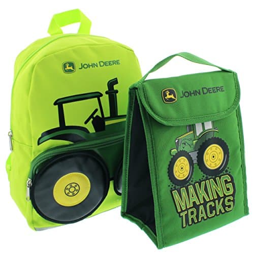 John Deere 13 inch Toddler Backpack and Foldable Lunch Bag Set (Green Tractor)