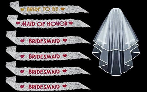 Bachelorette Lace Sash Set 6 piece sash and 1 piece veil Pink and Gold Sashes for the bride tribe |Bridesmaid, Maid Of Honor, Bride To Be|