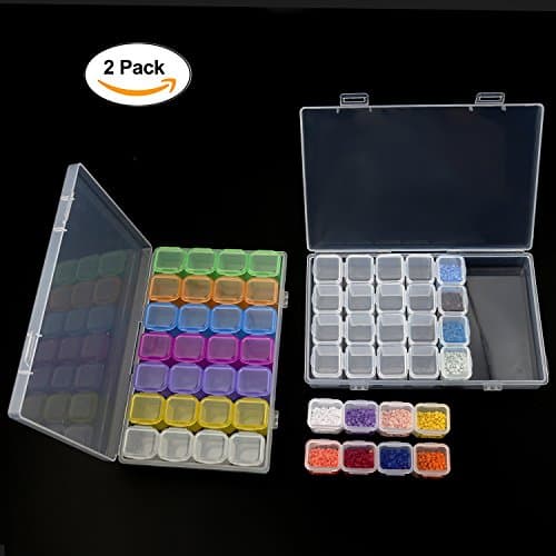 2 Pack 28 Grids Diamond Embroidery Box,Diamond Painting Accessories Storage Case for DIY Craft,Diamond Stones Dividers Box Organizer- Multicolor and Transparent